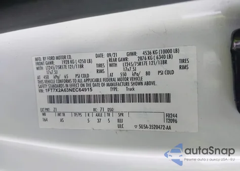 2022 Ford F-250 Xl z USA, uszkodzony, nr VIN 1FT7X2A63NEC64915